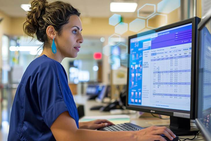 Healthcare employees use AI technology to gather purchased services spend insights.