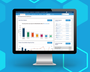 computer desktop showing graphs on screen on blue background
