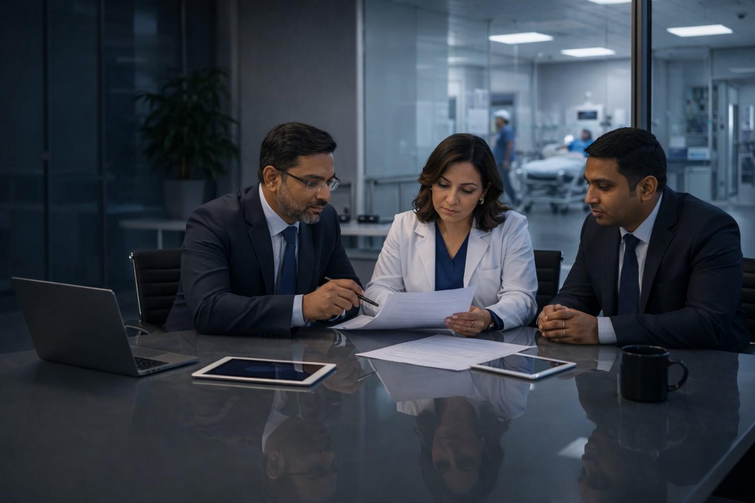 Professional hospital executives reviewing documents in a modern conference room
