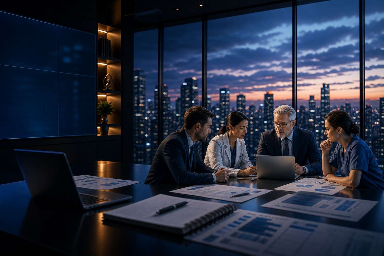 Hospital team analyzing data in a modern office